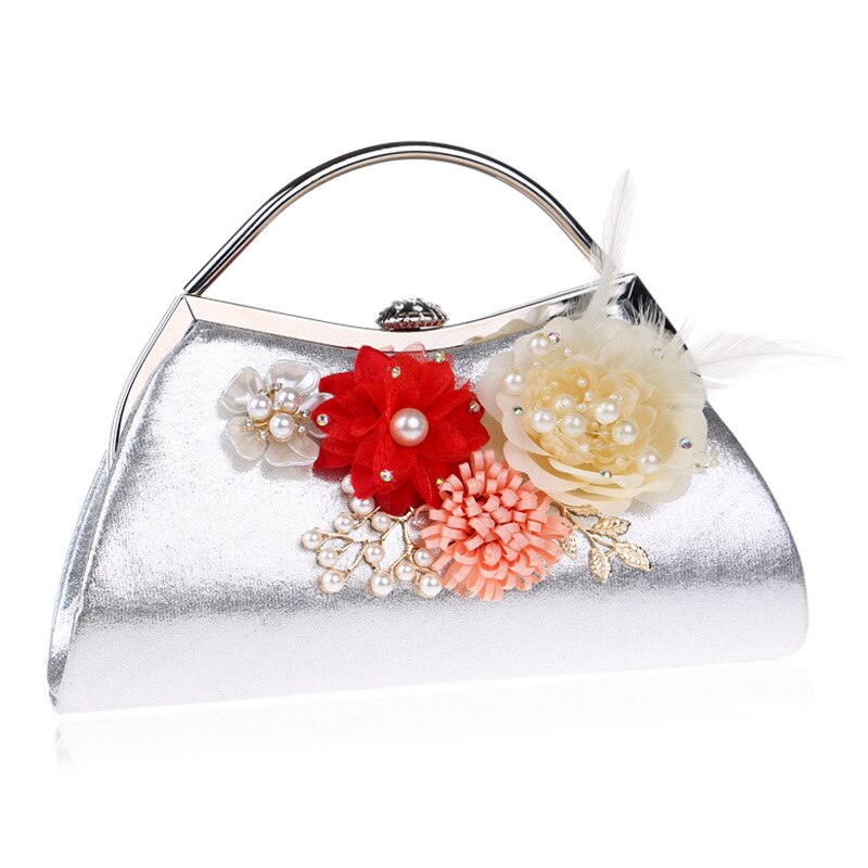Bloemen dames avondtassen blad diamanten kralen handgemaakte stijl dames clutch portemonnee avondtassen dames kettingen handtas: Zilver