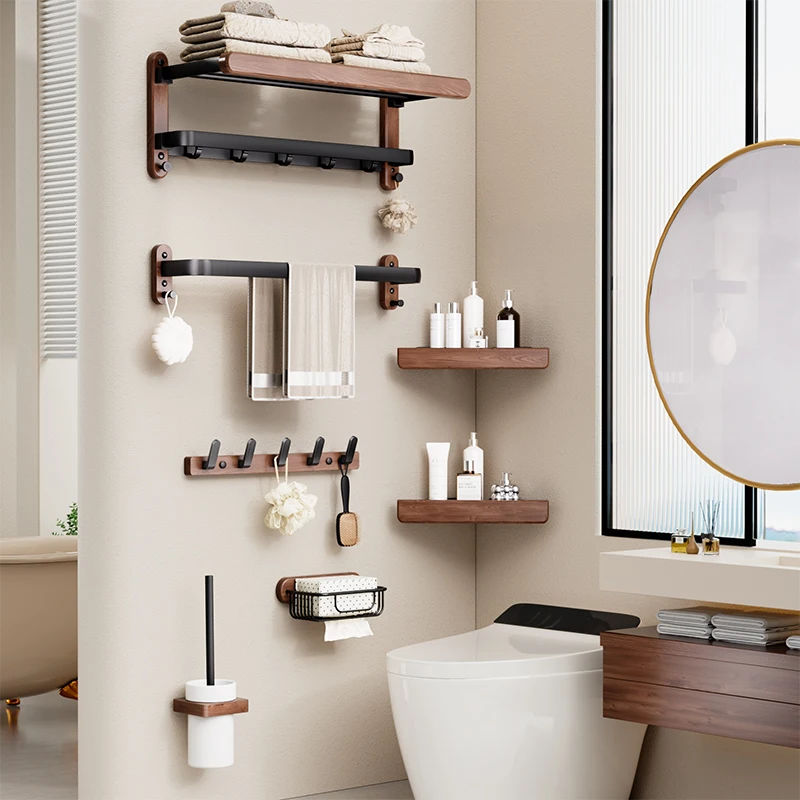 Houten badkamerplanken set, douche-organizer plank, houten wandbadplank, haardroger houder, hoekplank wasruimte hoekplank
