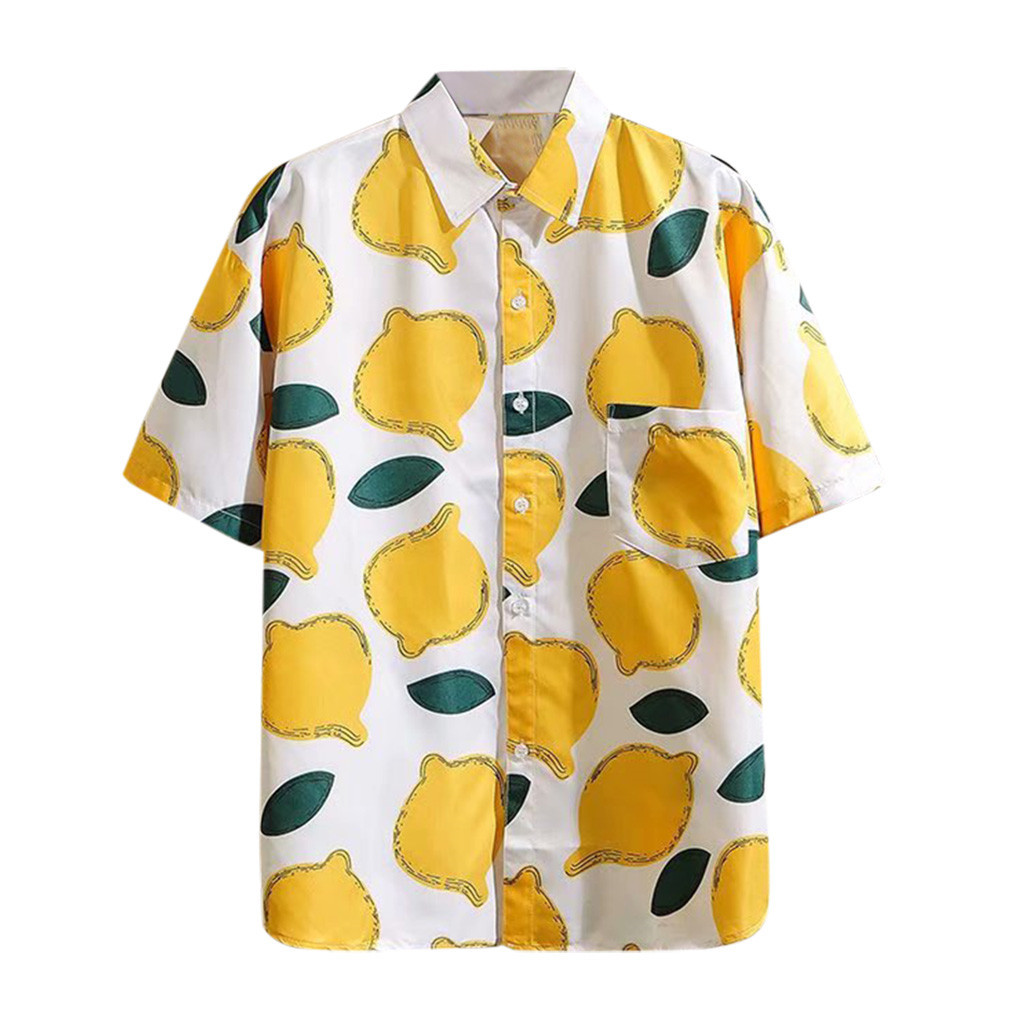 Men's Hawaiian Shirts camisa masculina Short Sleeve Fruit Print Shirt Vacation Casual Shirt para hombre Vacation Shirt Clothes: Geel / XXXL