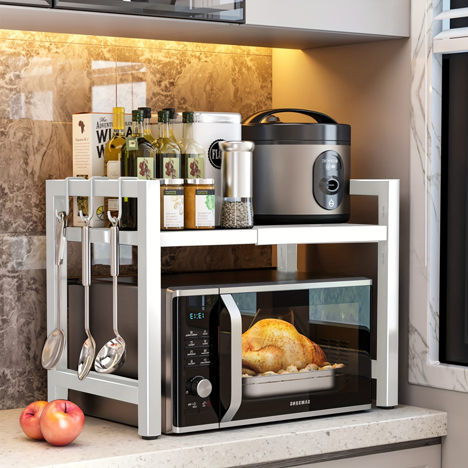 Utvidbar hylle til mikrobølgeovn, holder til mikrobølgeovn med 6 kroker, oppbevaringsstativ til kjøkken, stekestativ til mikrobølgeovn, utvidbar 40-64cm: Turkis