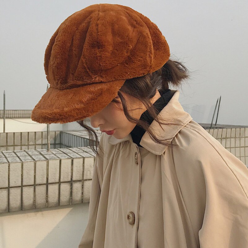 HT2209 sombreros de Otoño Invierno para mujer, boinas de piel de forro polar suave para mujeres plano liso octogonal Newsboy Caps Vintage Artist Painter Women Cap
