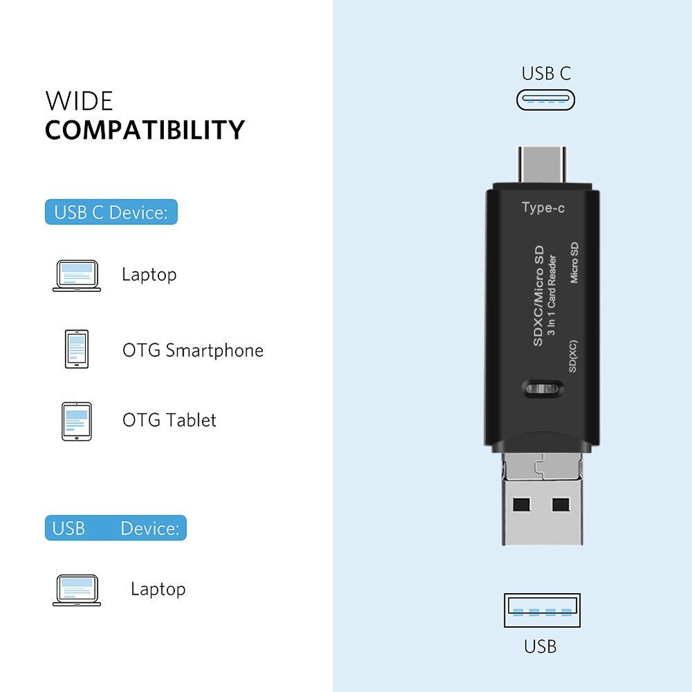 Kebidu 3 in type-c kaartlezer micro usb type-c otg flash drive adapter hoge snelheid usb 3.0 micro sd 1 otg geheugenkaartlezer