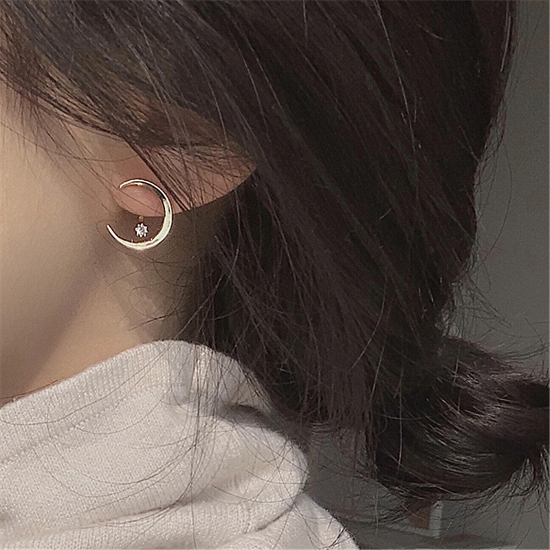 Voor-en Achterkant Single Zirkoon Maan Stud Oorbellen Voor Vrouwen Sieraden Kleine Earing