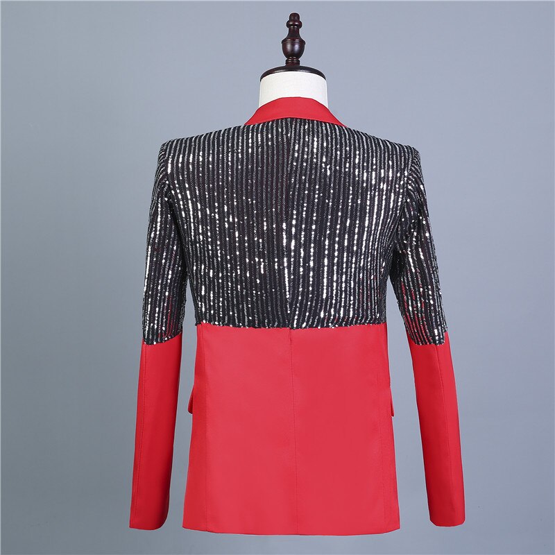 Réflecteur rouge noir épissage Costume veste hommes paillettes Blazers scène vêtements Bar discothèque DJ chanteur hôte Performance Costume
