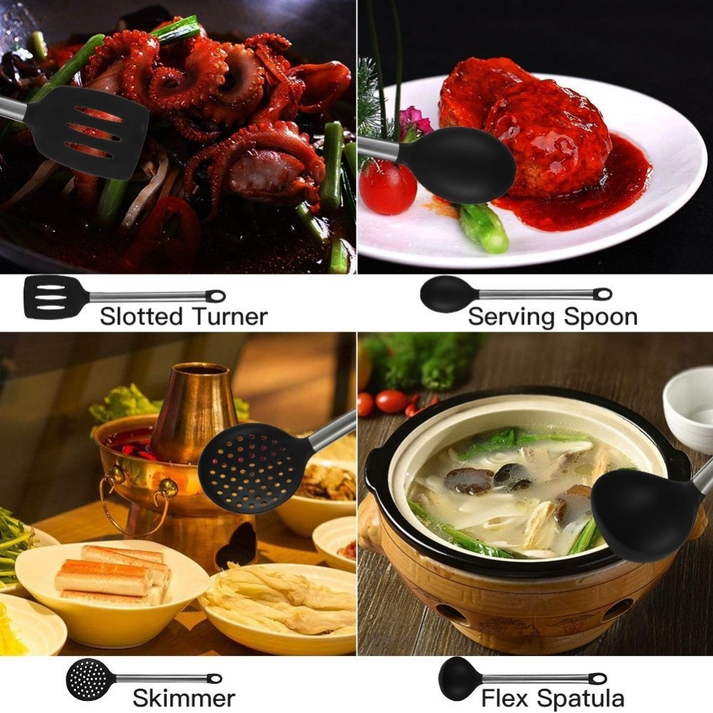 9Pcs Silicone Cooking Utensils Set Stainless Steel Handle Kitchen Utensil Set with Storage Box Serving Spatula Spoon Tongs Whisk
