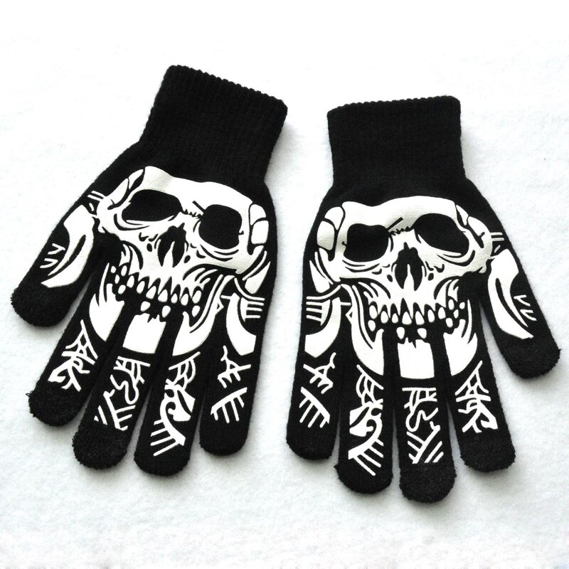 Balleenshiny fluorescerande skeletthandskar för barn pojkar flickor vantar dödskalle handskar varma vintertryck stickning självlysande handskar: T3