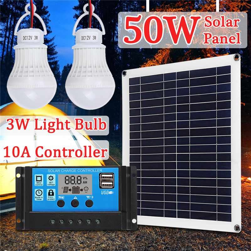 50W Solar Panel 18V +10A USB controller+2PCS 3W 12V Led Light Solar Charger Battery for Camping Car Boat Solar System kits
