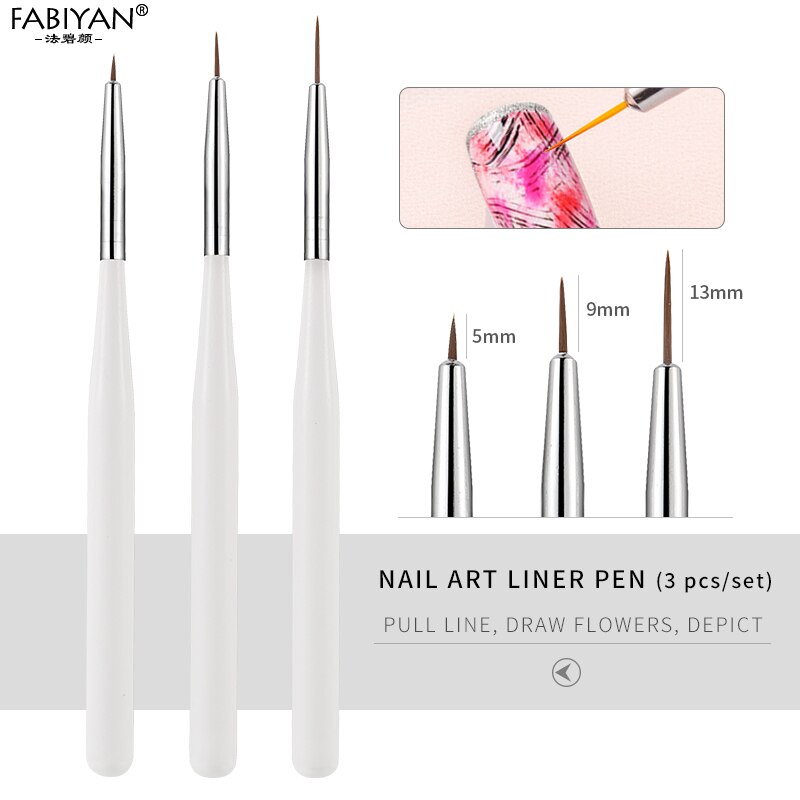 3pcs/set White French Nail Art Brush Carving Pen Tips Polish Gel UV Acrylic Liner Painting Drawing Flower Tools Manicure