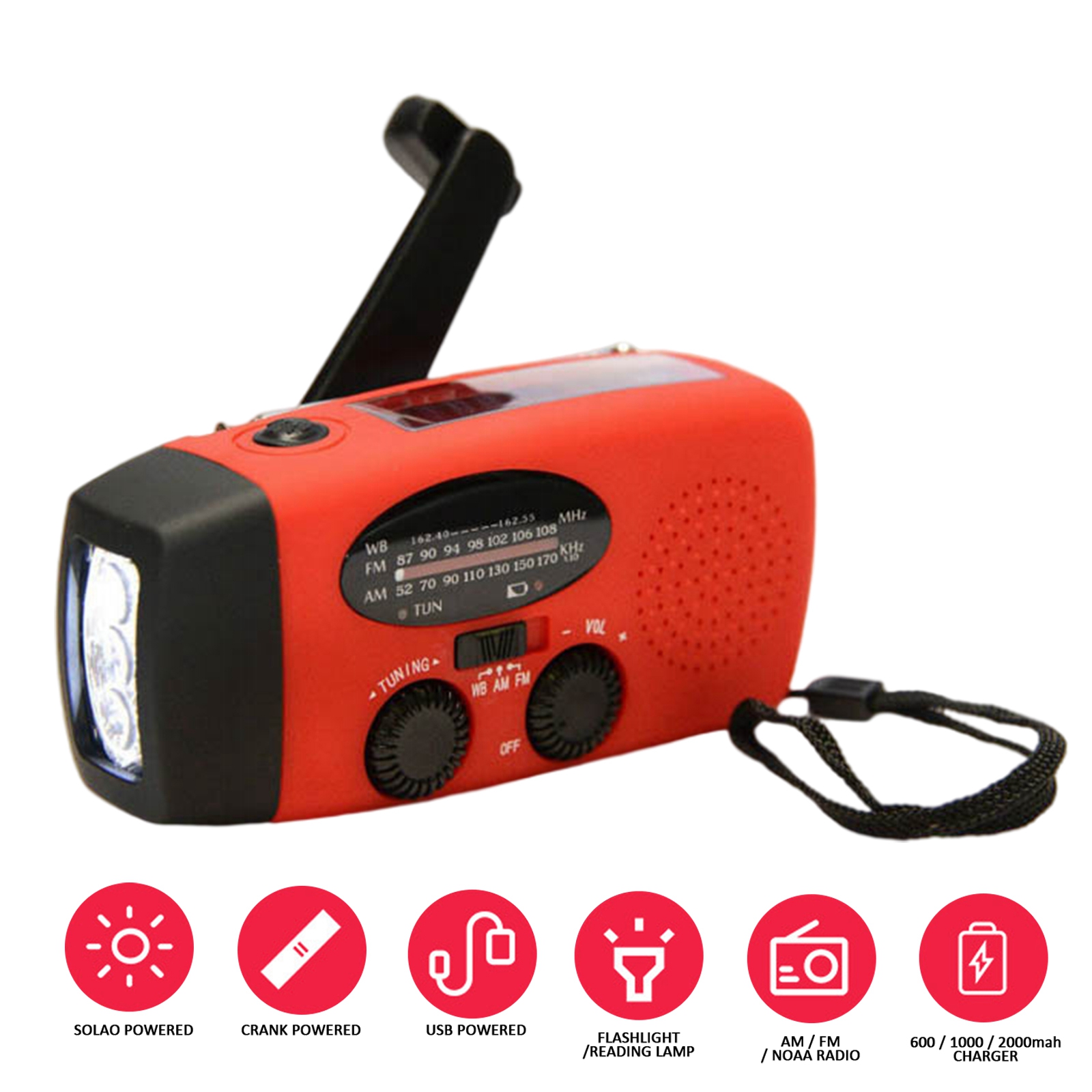 Radio Solar multifuncional con manivela FM AM WB NOAA Radio meteorológica 2000mAh carga USB linterna LED de emergencia prohibición de energía