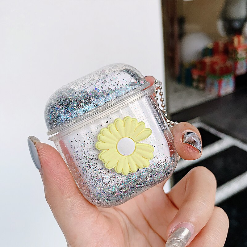 For AirPods Pro Colorful Glitter Dynamic Liquid Quicksand Crystal Clear Case for AirPods 1 2 Transparent Earphone Cover: flowers silver