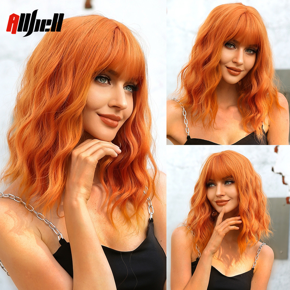Pelucas onduladas naturales sintéticas de jengibre y cobre corto, peluca Bob naranja para Halloween con flequillo resistente al calor para mujer, peluca de Cosplay: T1B/613