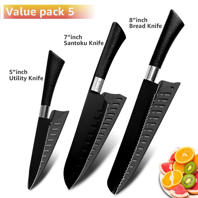 Chef Knives Set Stainless Steel Paring Utility Santoku Chef Slicing Bread Knives Black Blade Kitchen Accessories Set Tools: set 10