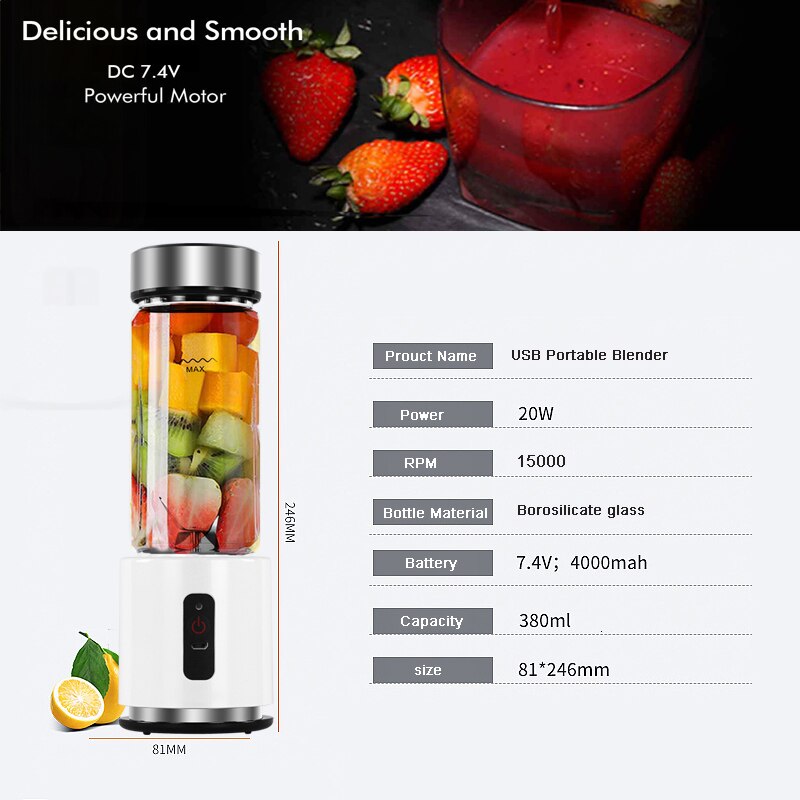 Bpa gratis usb genopladelig smoothie blender batteri personlig 380ml glas smoothie blender juicer let lille bærbar blender