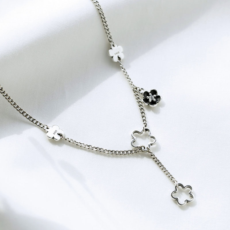 Hollow Plum Blossom Long Tassel Necklace For Women Party Thai Silver Color Clavicle Chain Necklace Jewelry S-N643