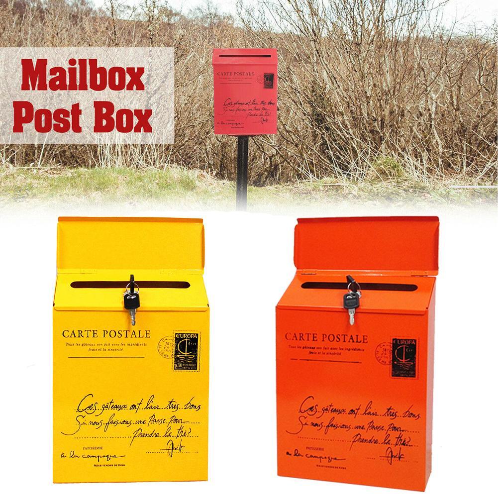 Iron Lock Letter Box Vintage Wall Mount Mailbox Mail Postal Letter Newspaper Box 30*23*6cm 5Colors