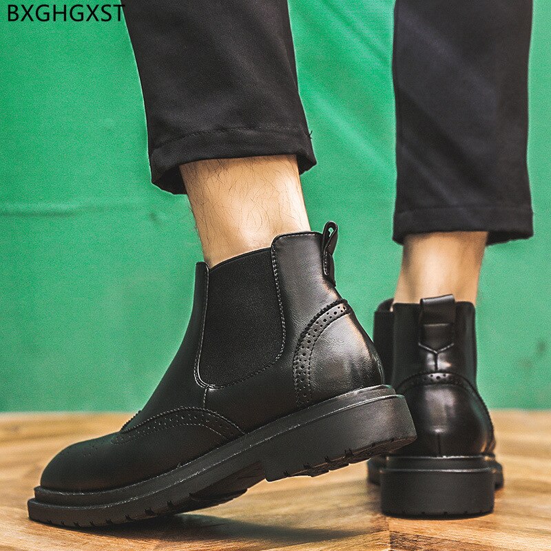 Bottes Chelsea noires en cuir pour hommes, grosses chaussures à plateforme pour moto, 2022