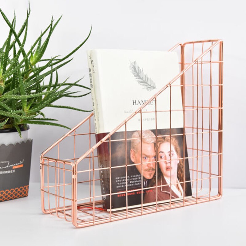 Rose Goud Electroplated Iron Boek Houder Desktop Plank Bestand Doos Tijdschrift Boek Stand Kantoor Thuis Briefpapier Organizer Houder