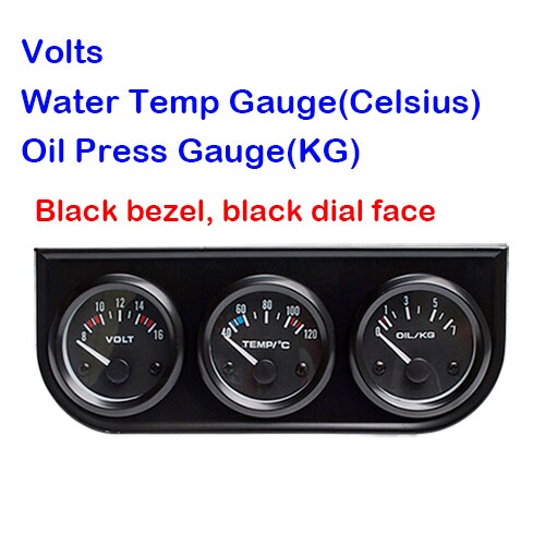 Dragon gauge bil tredobbelt gauge 52mm spænding / vand temp (celsius) / olie presse sort / krom ramme 3- i -1 kit meter: Sort og sort
