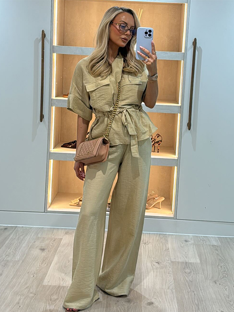 Set Woman 2 Pieces Short Sleeve Stand Zippers Lace Up Tops Loose Straight-leg Pants Summer Female Casual Outfits