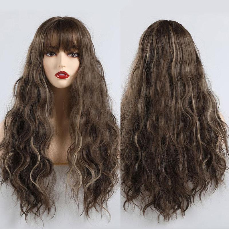 Kvinner blande farger brun lang krøllet syntetisk parykk hel parykk bølget parykk
