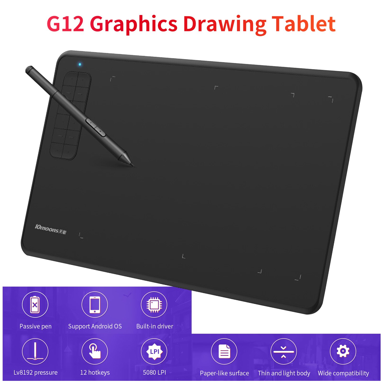 10moons G12 Graphics Drawing Tablet Ultralight Digital Creation Sketch with Battery-free Stylus 8192 Levels Pressure 12Keys