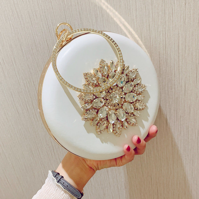 Pochette de soirée femme pochette blanche fleur de soleil cristal sacs à main ronds de luxe sac à main de mariage sac à bandoulière de fête ZD1528