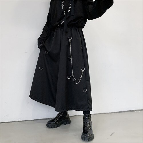 Herr metall kedja kausal lösa casual breda byxor manliga japan stil streetwear gothic punk kimono kjol byxor: L