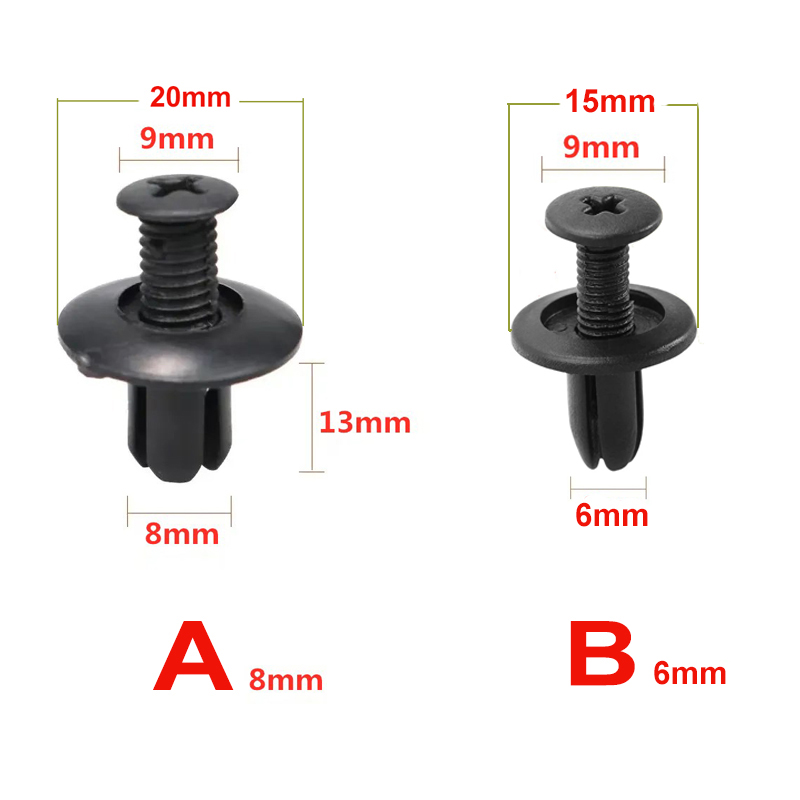 Remaches de plástico de 8mm/6mm, tornillos de sujeción para guardabarros de coche, tornillos para parachoques, Clips, remaches, agujero de 8mm, Clip de pasador de empuje de plástico, accesorios para coche