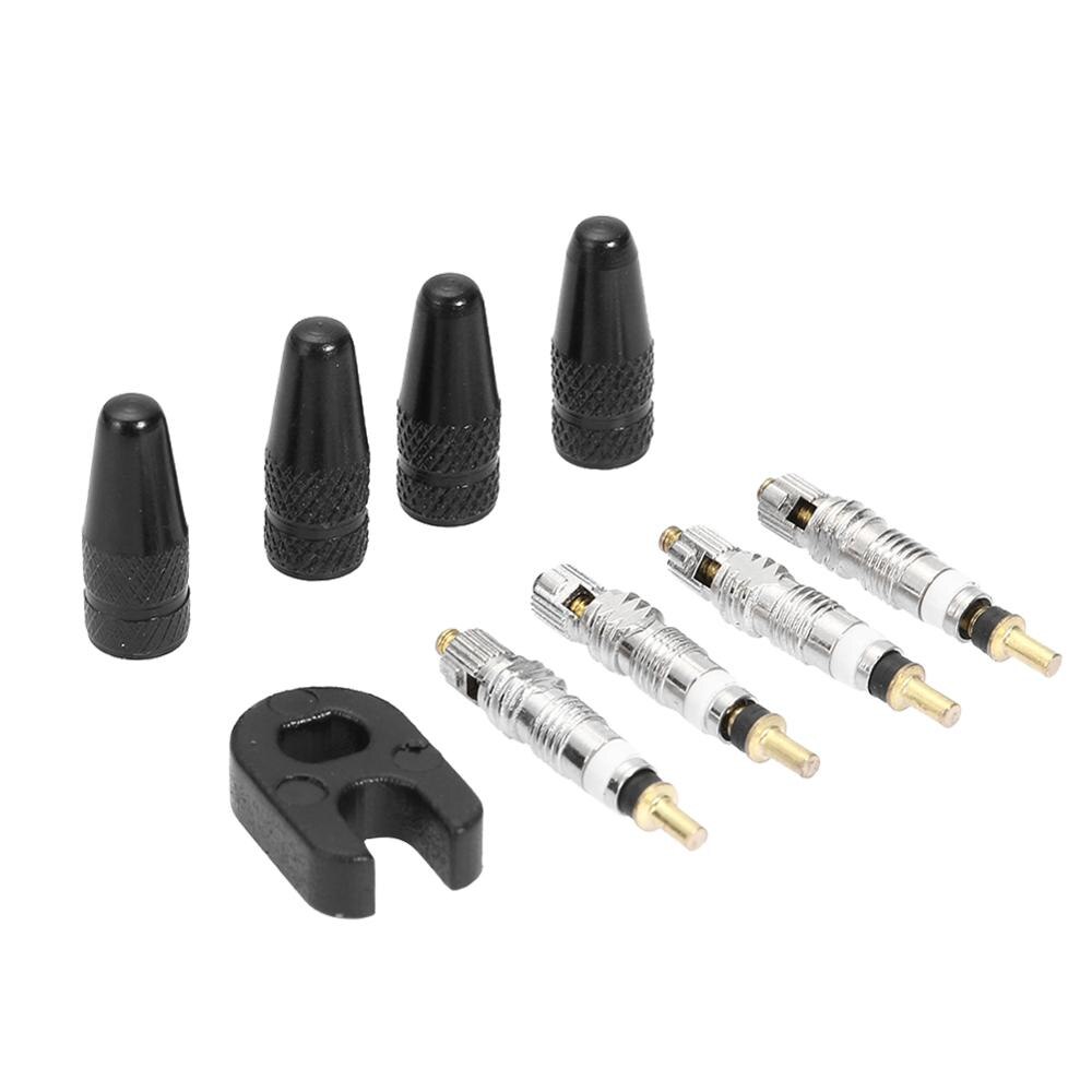 4 Uds. De tapones para vástago de válvula Presta + 4 Uds. De núcleos de válvula + Kit de llave, herramientas para bicicleta de montaña y carretera, piezas de repuesto, accesorios para neumáticos de bicicleta: Black