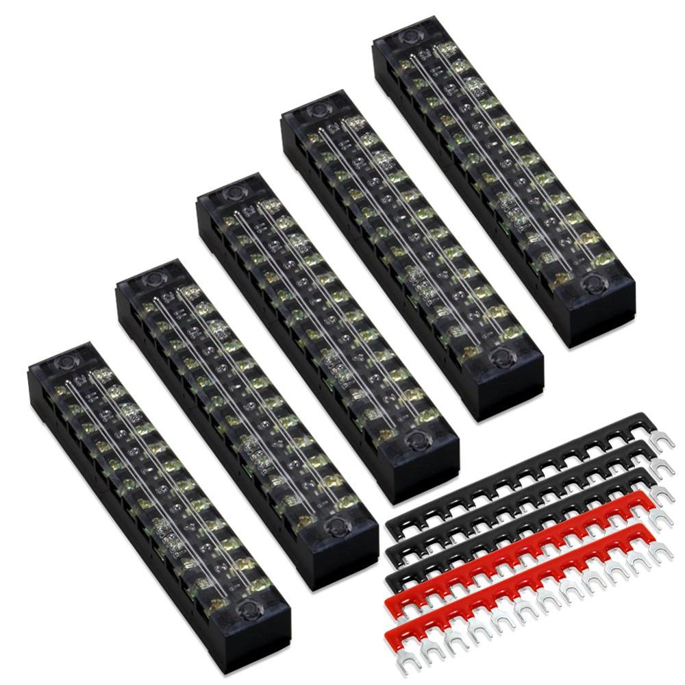 Terminal Block 8 Positions 600V 25A Dual Row Screw Terminals Strip Cover 400V 25A Pre-Insulated Terminal Barrier Jumper Strips: 15A 12P 5pcs Jumpers