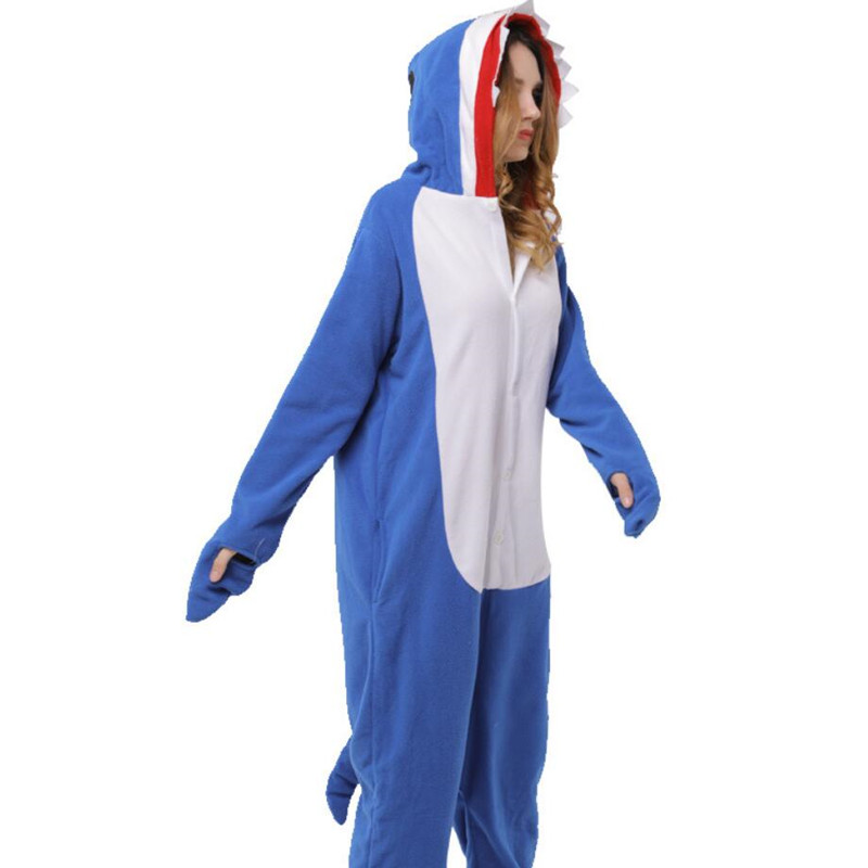 Blauwe Haai pyjama Polar Fleece Cosplay Kostuum Vrouwen Adult Fancy Leuke Dier Onepiece Warm Winter Party