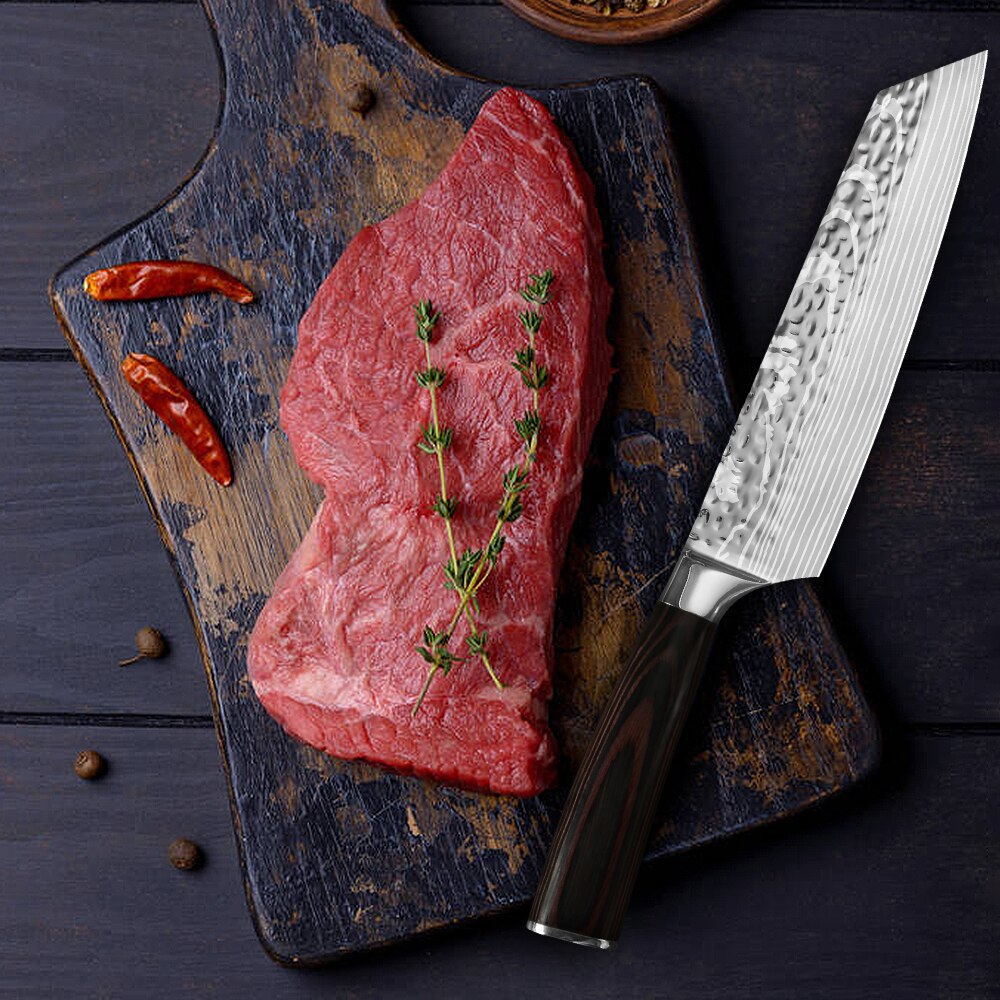 Couteaux de cuisine japonais en acier inoxydable 4cr13, ustensile de cuisine damas couteau à trancher au marteau forgé de 8 pouces couteaux de cuisine utilitaires