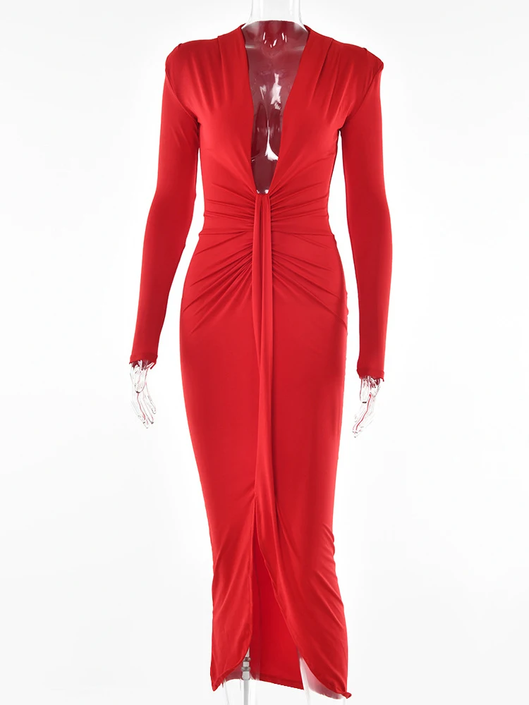 Hvid høj stretch sexet kjole kvinder plisseret dyb v bodycon midi efterårskjole festkjoler vestidos
