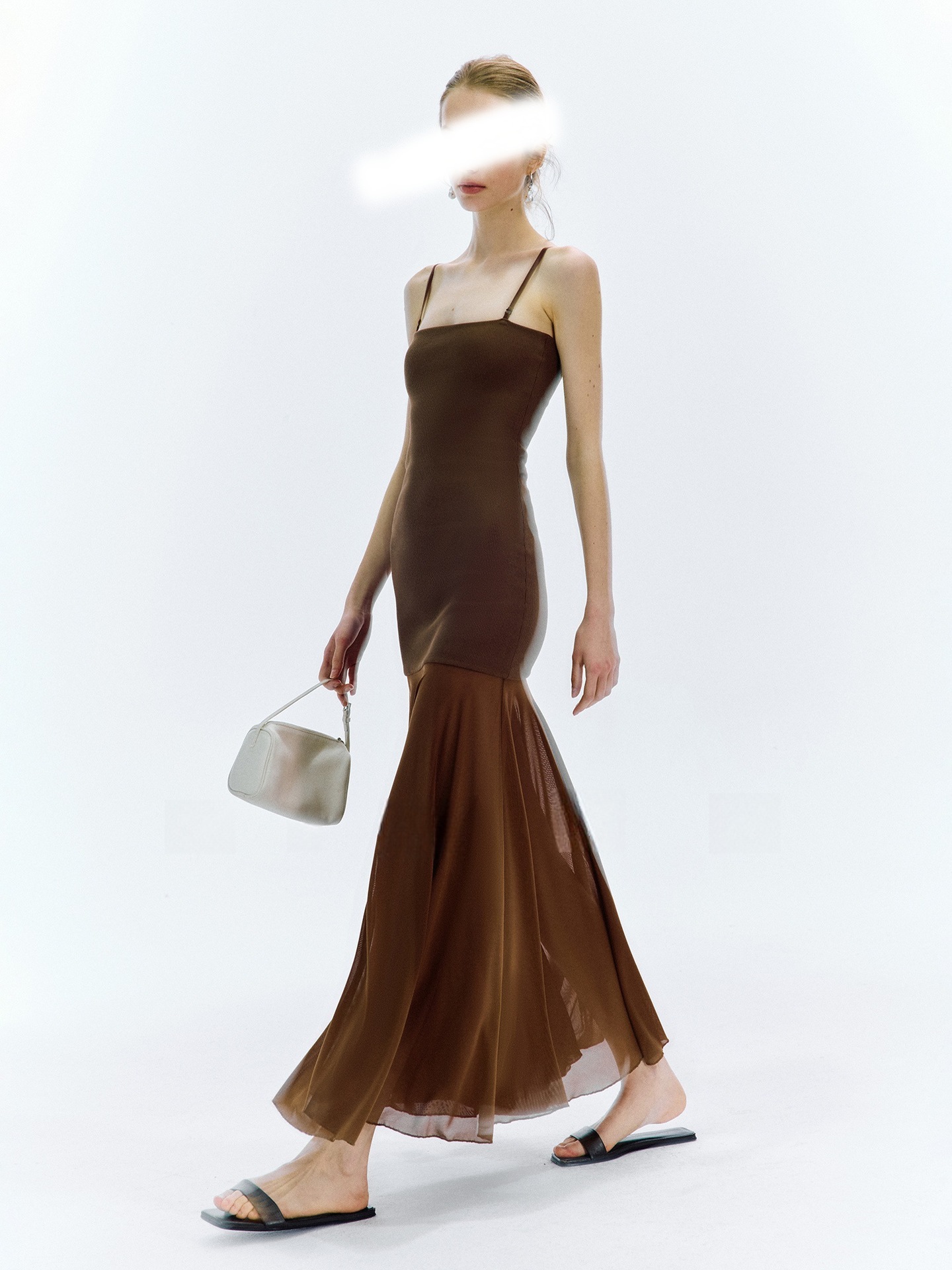 2025 Sommer lang Rock Hosenträger Kleid Pro abnehmen gerippt Spleißen Gittergewebe Elastizität zwei tragen Gurt Kleid: S / Braun