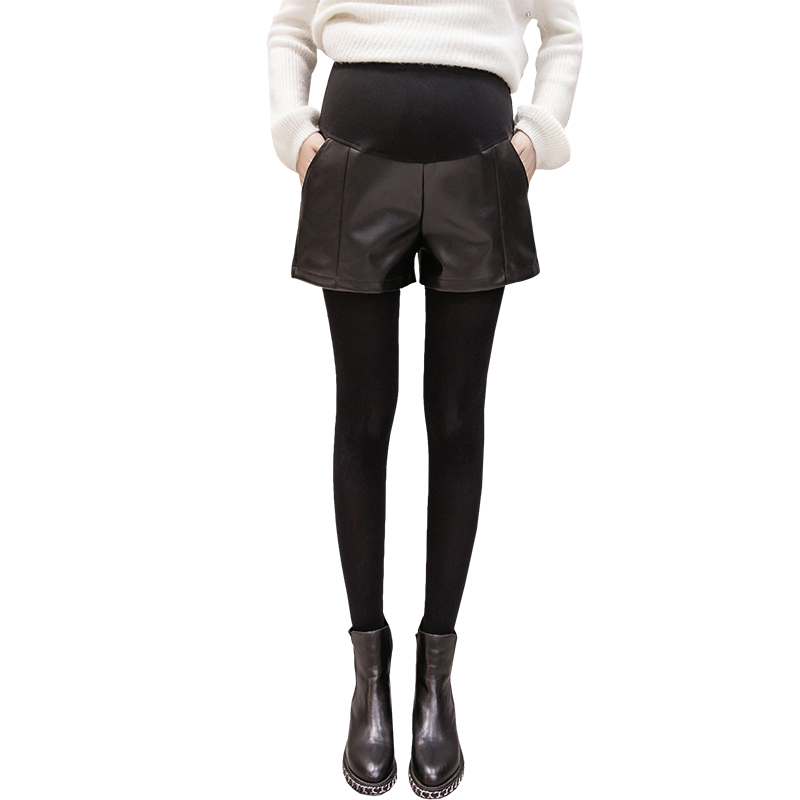 Pantalones cortos de maternidad de PU para mujeres embarazadas, Shorts de de otoño para invierno, vientre ajustable, pierna ancha, sueltos, color negro, n. ° 1079