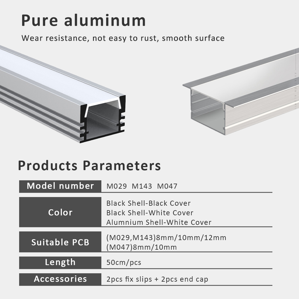 50CM LED Strip Light Aluminium Profile Channel Silvery Black Diffuser PC Cover for 8mm/10mm/12mm Bar Cabinet Linear Lamp Decor