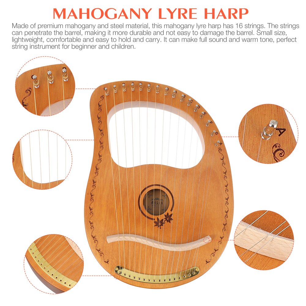1 Set Wooden Harp Orchestral String Instrument Portable Solidwood 16 String Harp