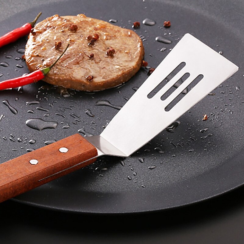 Spatule à steak de bœuf en acier inoxydable avec manche en bois, pelle à passoire plate, accessoires de cuisine, ustensiles 2 pièces