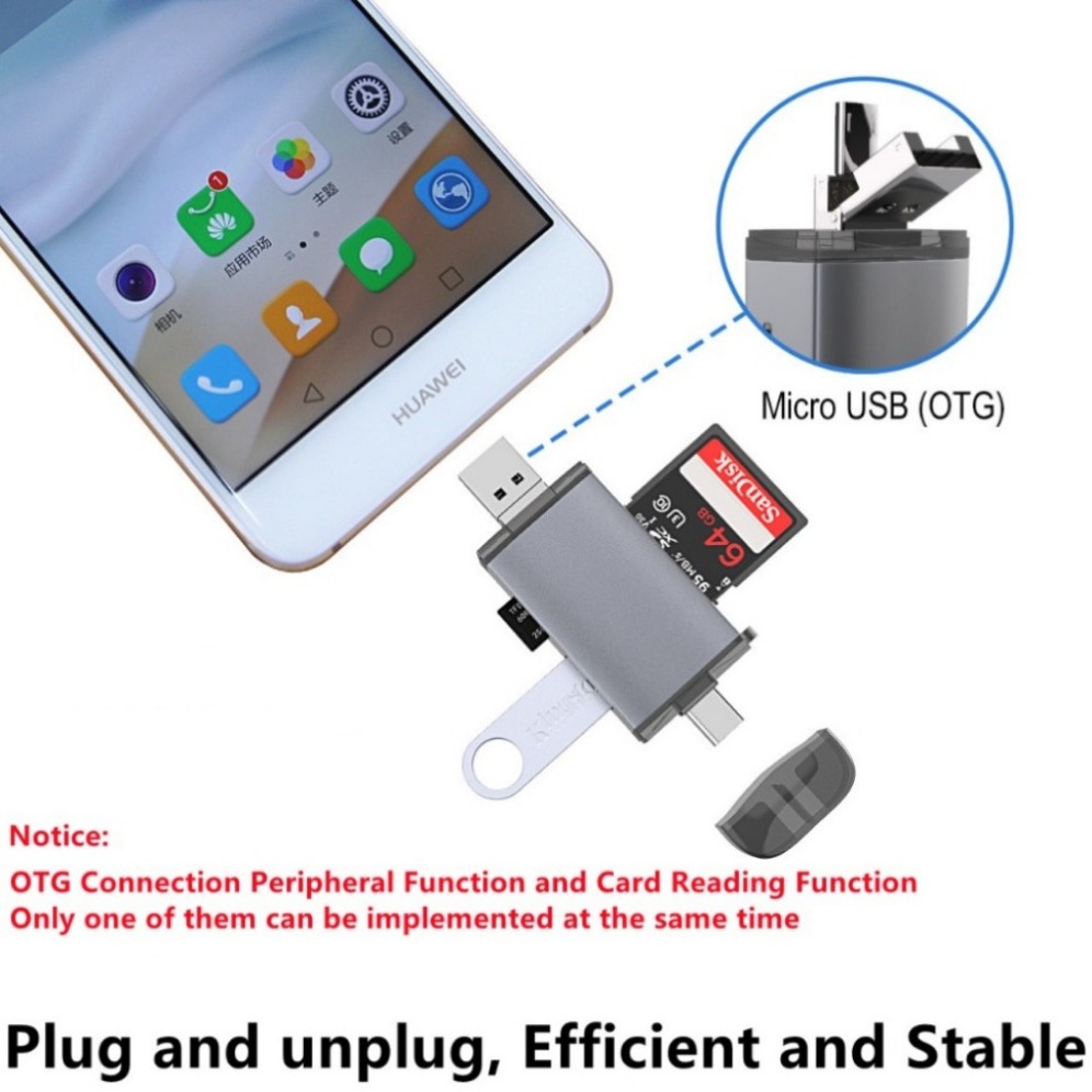 Multifunções Micro SD Leitor de Cartão TF, Tipo-C USB 3.0, U Disk Memory Reader, USB Flash Drive, Leitor de Cartão Adaptador OTG, 6 em 1