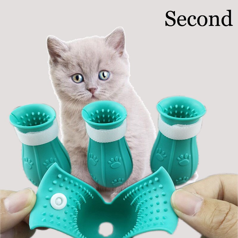 Calcetines de baño de silicona para gatos, antiarañazos, accesorios para mascotas, suministros para perros: Second Blue