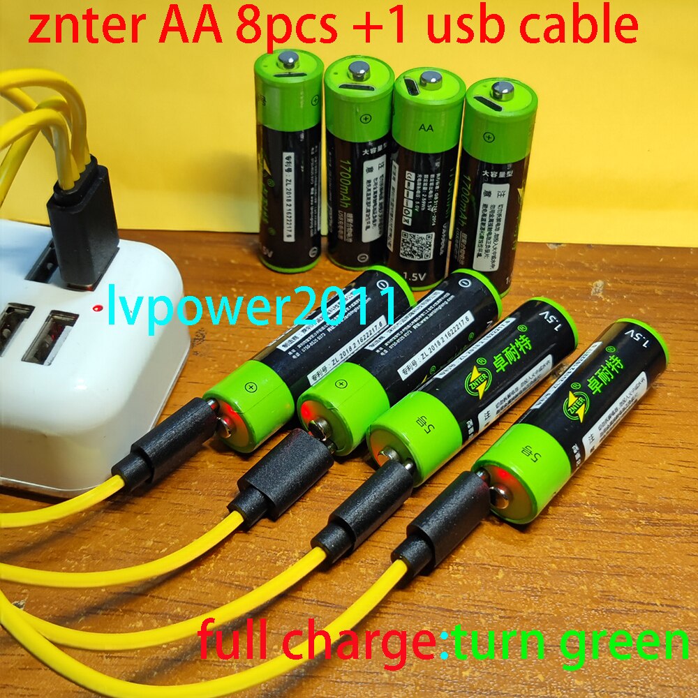 8pcs ZNTER 1.5V AA 2550mwh USB AA 1.5V 1700mAh li-polymer li-po rechargeable lithium li-ion usb battery with USB cable pack