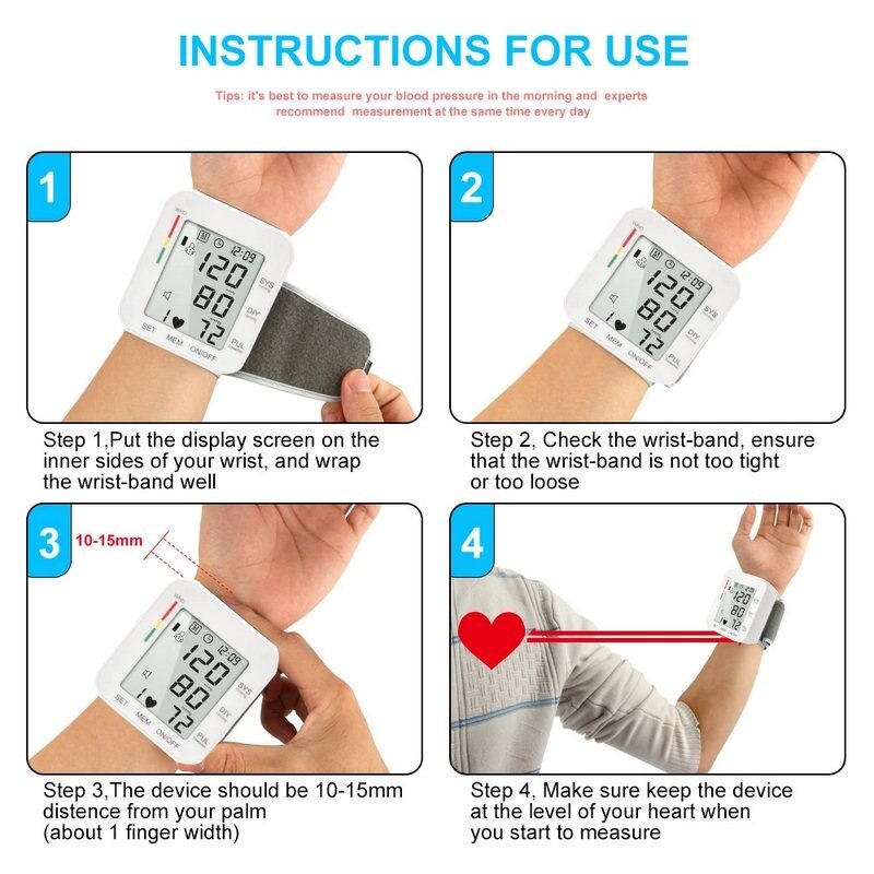 Digital Wrist Blood Monitor Heart Beat Meter Oscillometric Pressure Guage pulse scanning LCD Home Health Care Tonometer