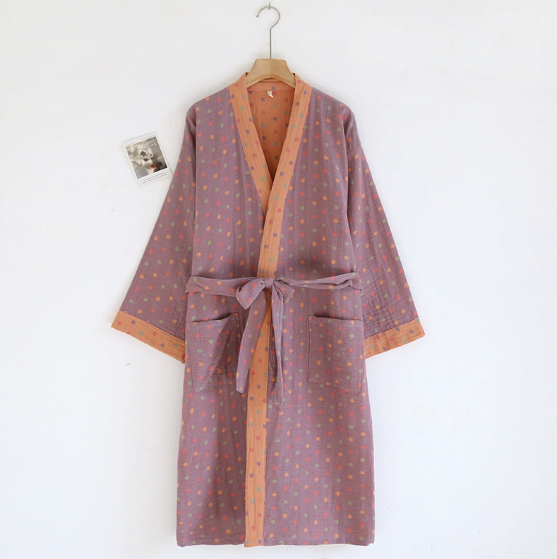 Flerfärgad kimono-badrock dampyjamaskläder för vår och sommar bomull lösa hemsovkläder kimono-rockar med bälte: L / Elfenben