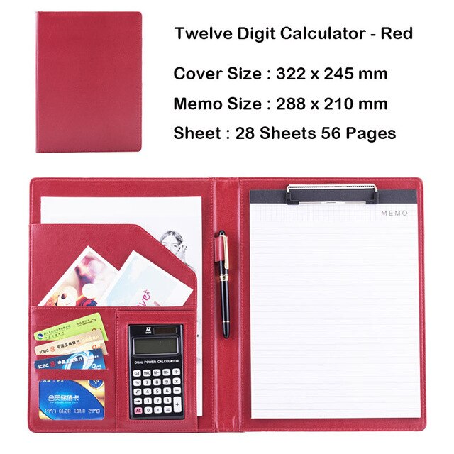 Business Office Folder Multifunctional Office Organizer with Calculator Clip A4 Leather Folder Folder Briefcase Office Supplies: C red