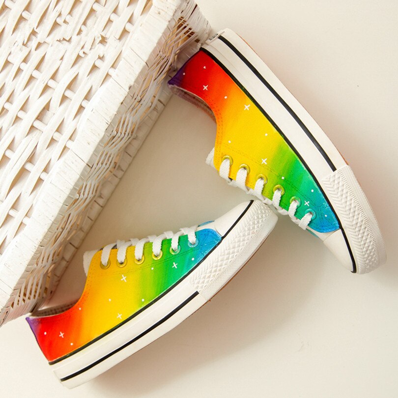 Rainbow Shoes Women harajuku Lovers Rainbow Canvas Shoes Lace up Adult Casual Colorful Shoes Woman platform Flat
