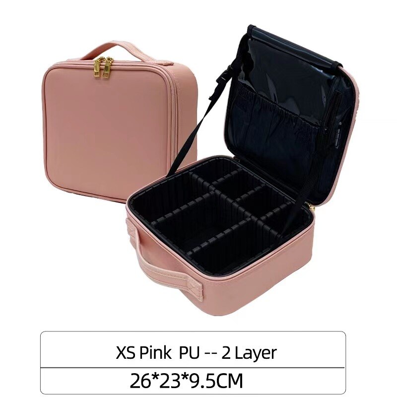 Leather Clapboard Cosmetic Bag Make Up Box Large Capacity Storage Handbag Travel Insert Toiletry Makeup suitcase: XS Pink PU 2layer