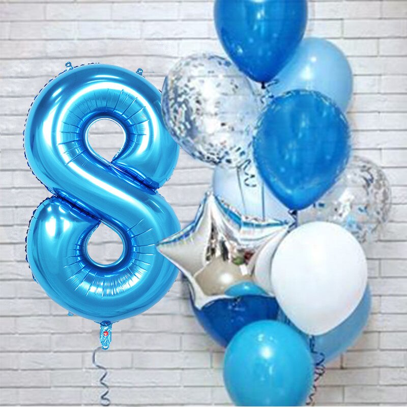 PartyLab 12Pcs/set Number Foil Latex Blue Balloons for Kids Birthday Decoration 1st One Year Birthday Boy Decor Baby Balloon: Number8 set