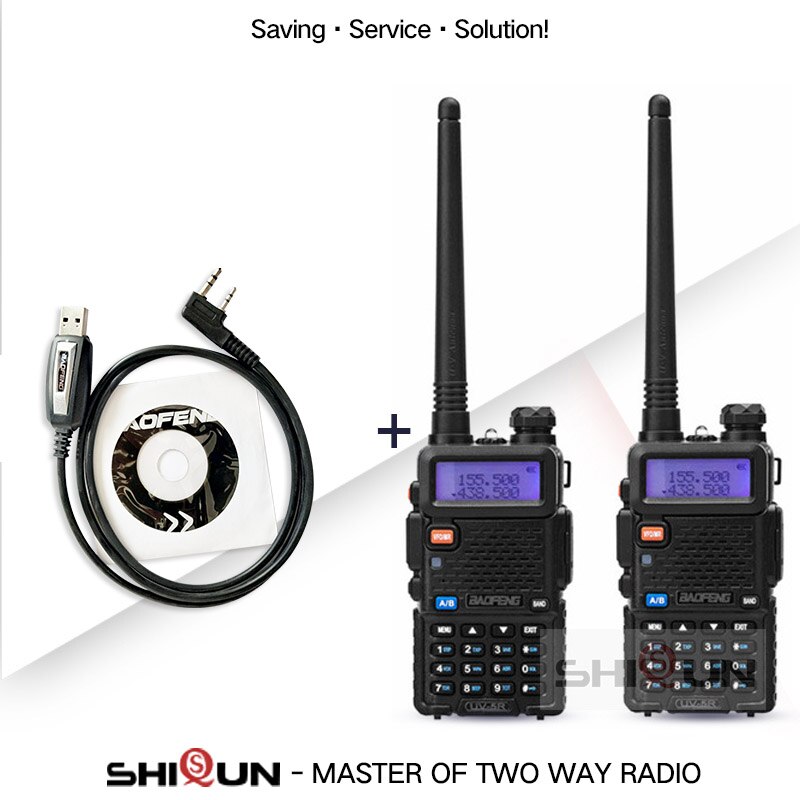 Baofeng – walkie-talkie Radio Portable UV-5R, 1 pièce, 2 pièces, Pofung UV 5R 5W VHF/UHF, double bande, Radio CB bidirectionnelle UV5r UV-82 UV-9R: 2Black-1Cable