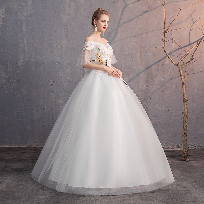 White Ball Gown with Jewel Flower Appliques and Short Sleeves