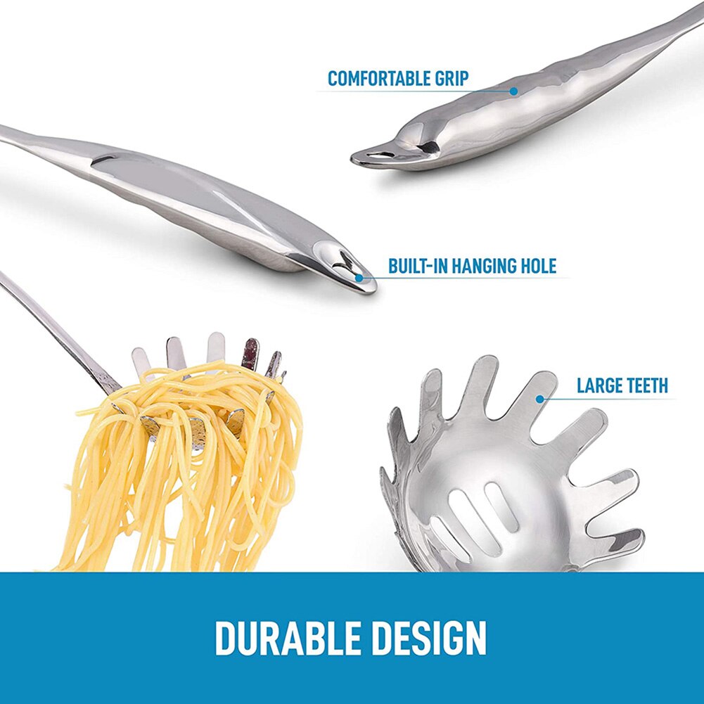 2 stk rustfrit stål langt håndtag tandkant pasta nudel vermicelli scoop spaghetti server gaffel klo køkken madlavning værktøj